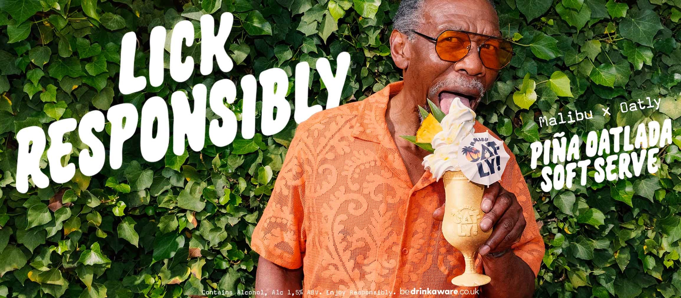 A man licking the Malibu x Oatly Pina Oatlada soft serve, stating lick responsibly